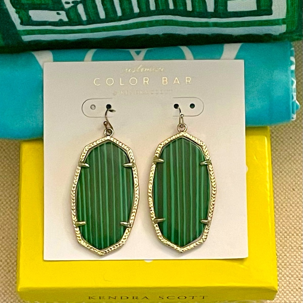 Kendra Scott Vintage Green Malachite & Gold Danielle Earrings RARE!